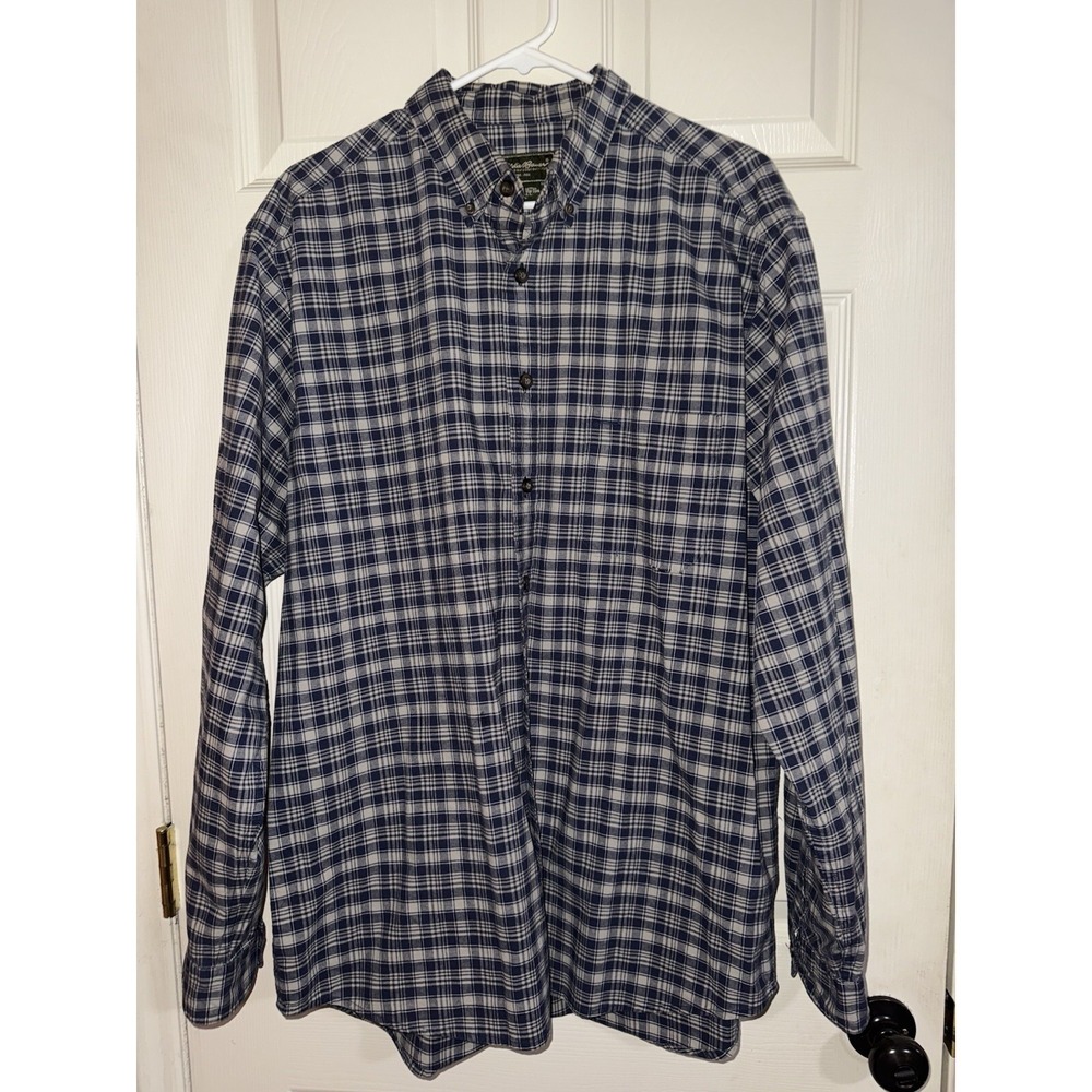 Eddie Bauer‎ Shirt Mens Tall L Blue Plaid Flannel Button Up Long Sleeve